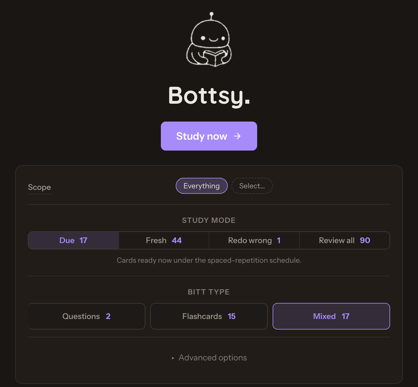 The Bottsy home screen: the reading-robot mascot above a single Study now button, with a scope card showing study modes (due, fresh, redo wrong, review all) and Bitt types