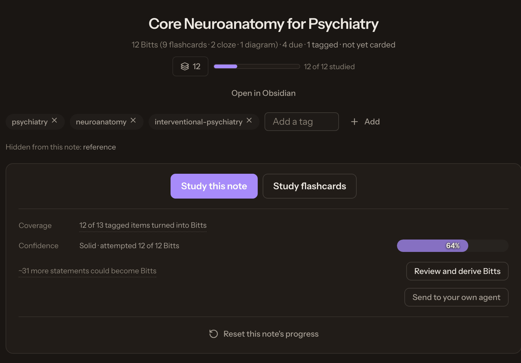 A Library note page for Core Neuroanatomy for Psychiatry: 12 Bitts, tags, coverage of 12 out of 13 tagged items, and a confidence bar at 64 per cent