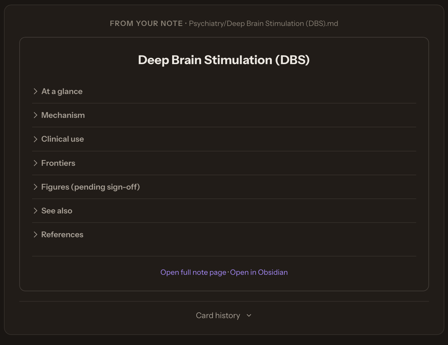 The From your note panel on a question page, showing the source note Deep Brain Stimulation (DBS) with its sections and links to open the full note or open it in Obsidian